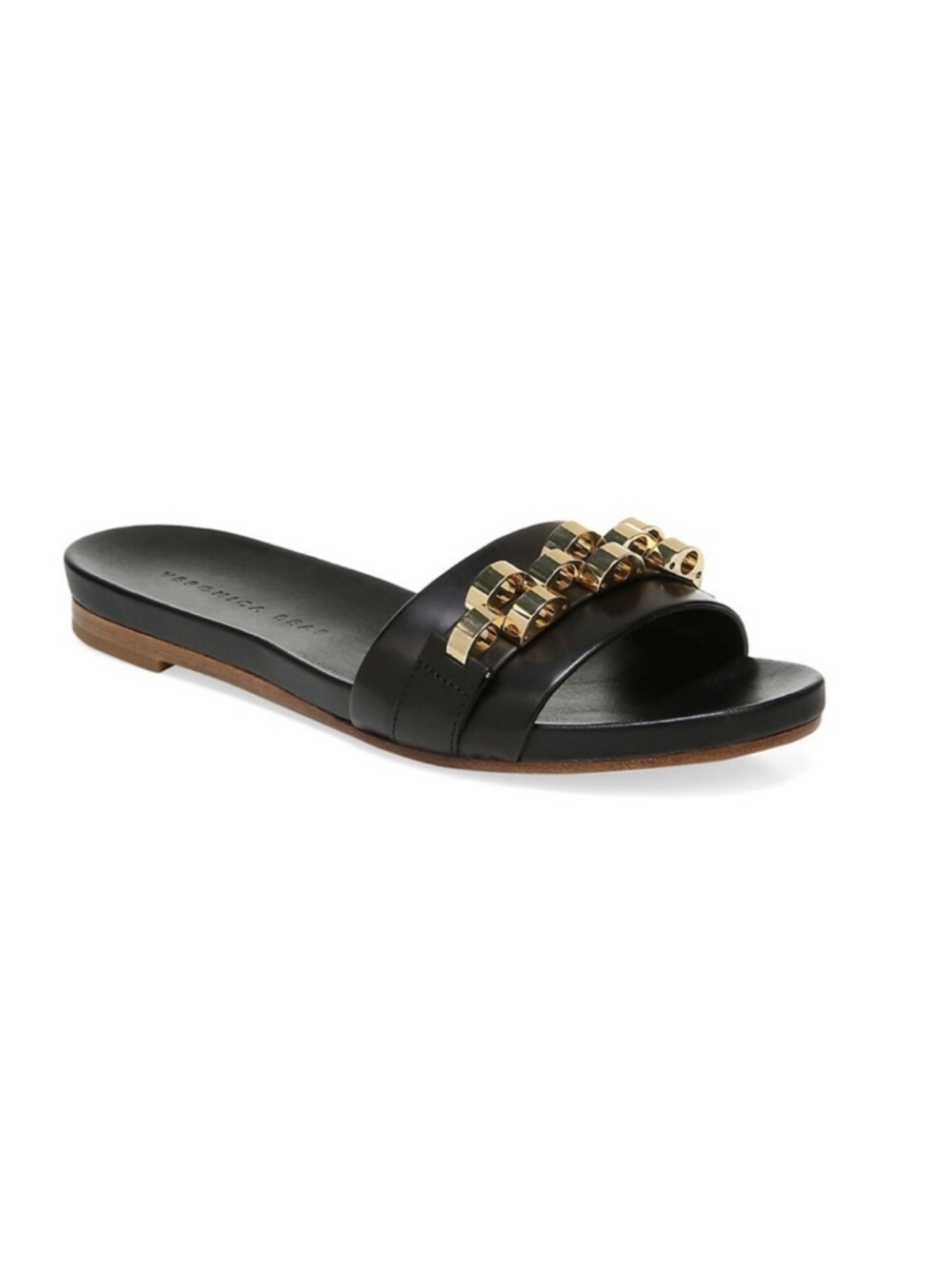 Veronica Beard ENI black Chain-Trimmed Leather Slides Gold hardware size 7